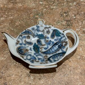 Lefton Vintage China Hand Painted Tea Bag Holder Paisley Blue